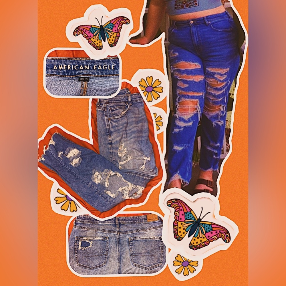 American Eagle severely distressed high waisted mom jeans in blue